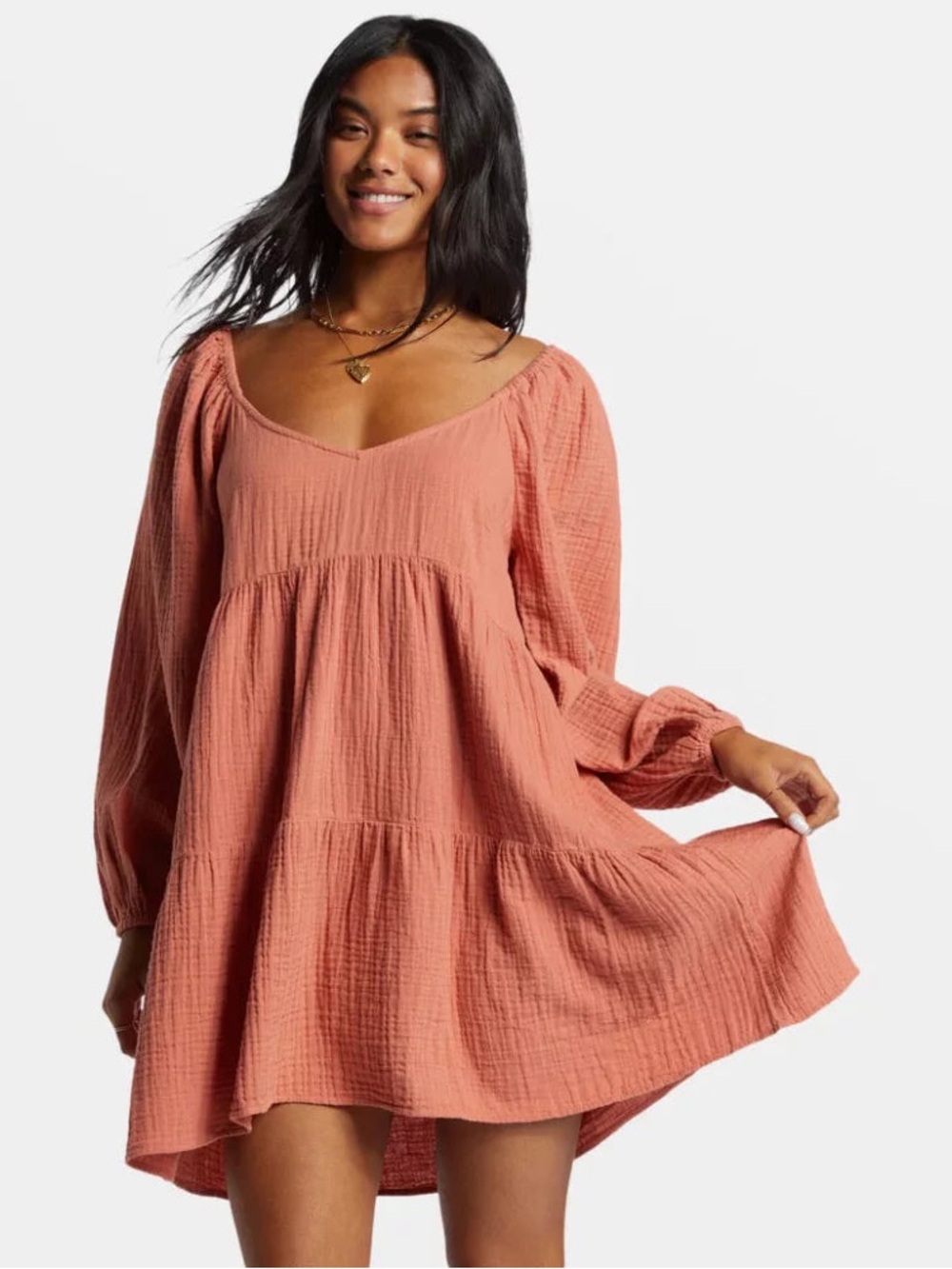 NWT Billabong Lost Days Cotton Gauze Tiered Babydoll  Mini Dress Rust Orange XS